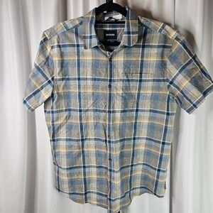 Prana‎ Mens Short Sleeve Button Up Shirt Plaid Casual Blue Yellow Rustic Size L